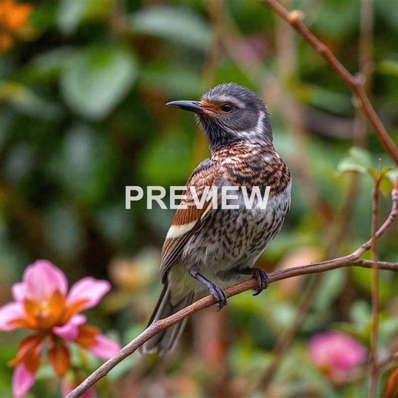 A small bird with brown, white, and black feathers perched on a thin branch with pink flowers and green foliage in the background.